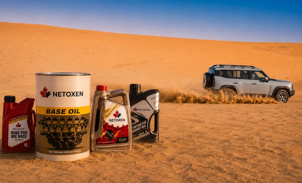 Netoxen lubricant range on desert sand with an off-road vehicle behind