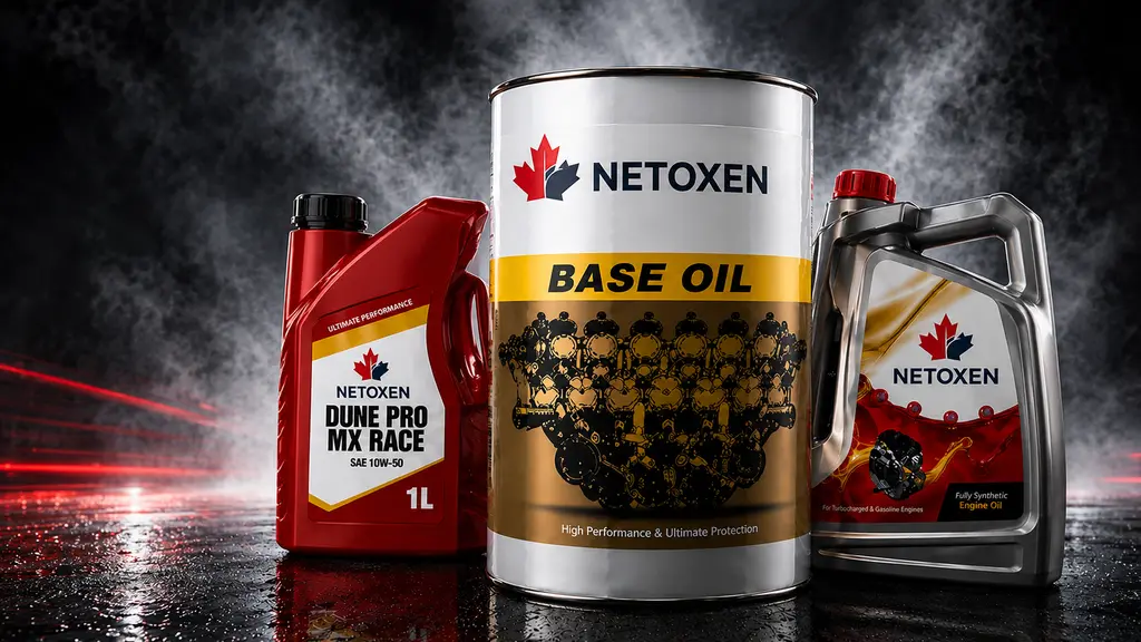Netoxen Dune Pro MX Race engine oil, a base oil drum and a fully synthetic engine oil jug on a dark studio floor
